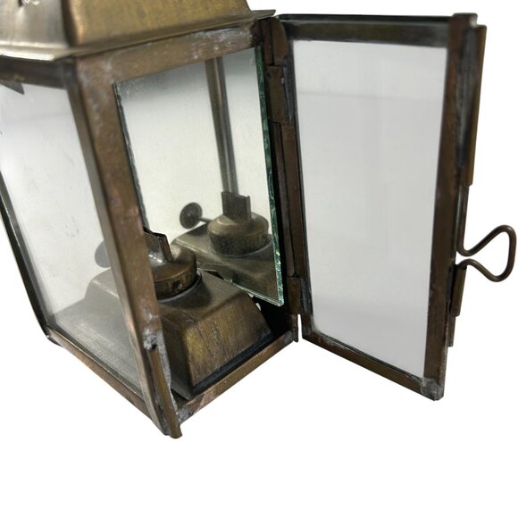 Vintage Brass Glass Panel Lamp Lantern Mirror 6" Tall Handle Primitive NO Wick - Picture 7 of 12